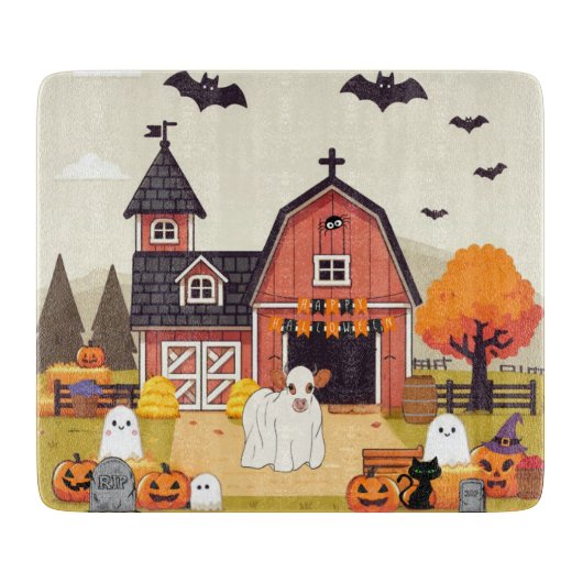 Planche À Découper Vache mignonne d'Halloween et ferme (Devant)