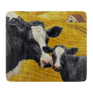 Planche À Découper Vaches Holstein et vieille grange en bois