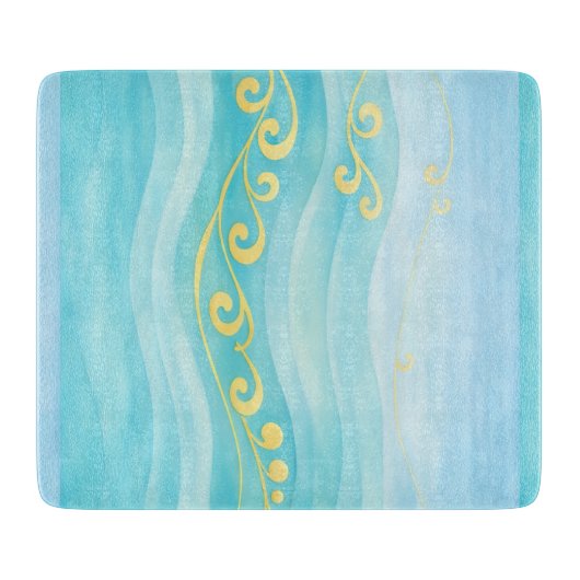 Planche À Découper Vague de mer bleue et or (Devant)