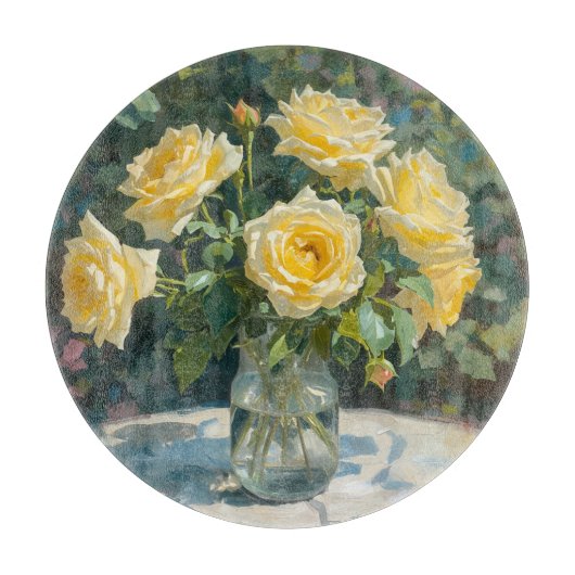 Planche À Découper Vase de roses jaunes Impressionnisme (Devant)