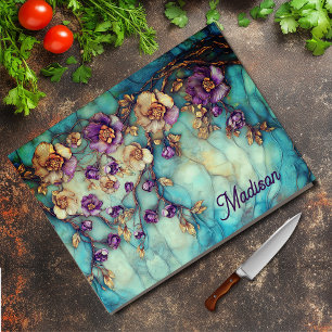 Planche À Découper Verre Bleu Violet Floral Mosaïque Art