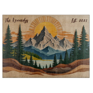 Planche À Découper Verre familial personnalisé de la forêt de montagn