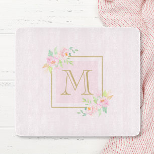 Planche À Découper Verre initial botanique de pivoine rose romantique