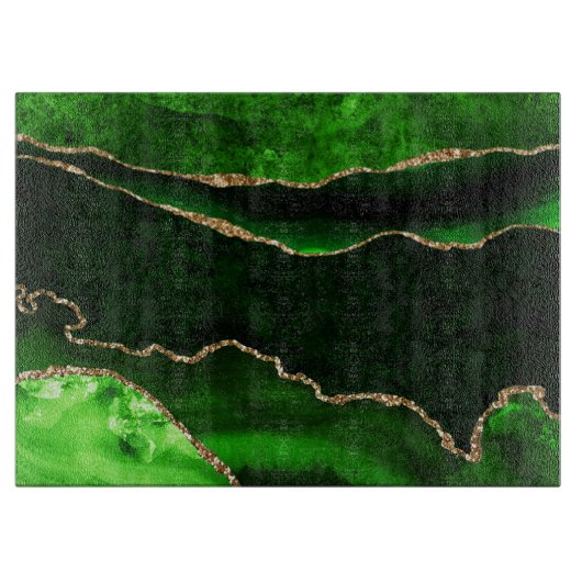 Planche À Découper Vert élégant et agate de paillettes dorées fausses (Devant)