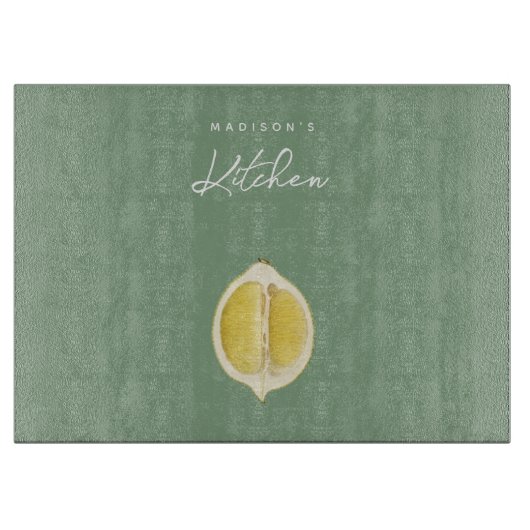 Planche À Découper Vert sauge & écriture citron Cuisine Nom personnal (Devant)