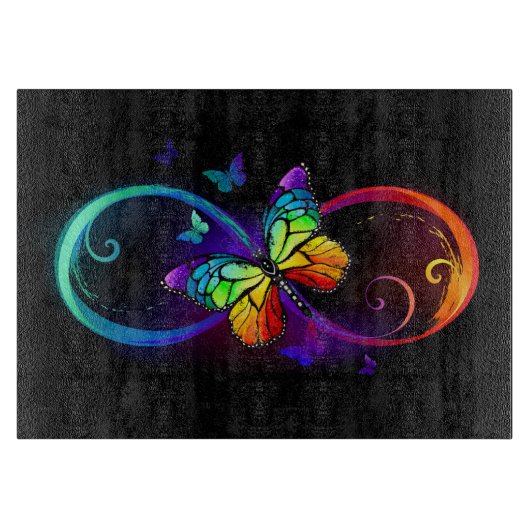 Planche À Découper Vibrant infinity with rainbow butterfly on black (Devant)