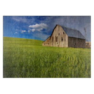 Planche À Découper Vieille grange dans un champ de blé de printemps