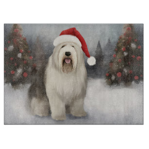Planche À Découper Vieux chien de berger anglais à Noël sous la neige