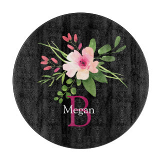 Planche À Découper Watercolor Flower, Name & Monogram on Black