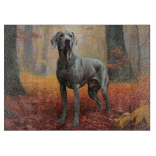 Planche À Découper Weimaraner dans les feuilles d'automne qui tombent