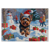 Planche À Découper Yorkshire Terrier en neige avec Casquette de Noël (Devant)