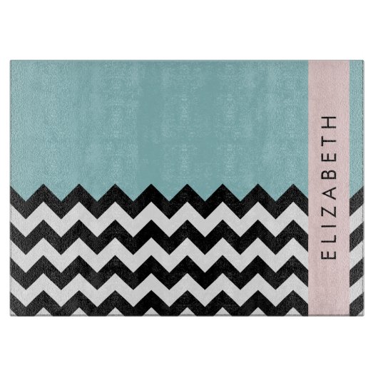 Planche À Découper Zigzag noir et blanc, Chevron, Bleu, Votre nom (Devant)
