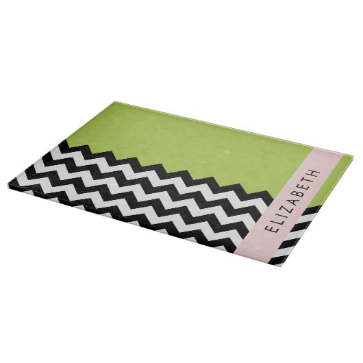 Planche À Découper Zigzag noir et blanc, Chevron, Vert, Votre nom (Coin)
