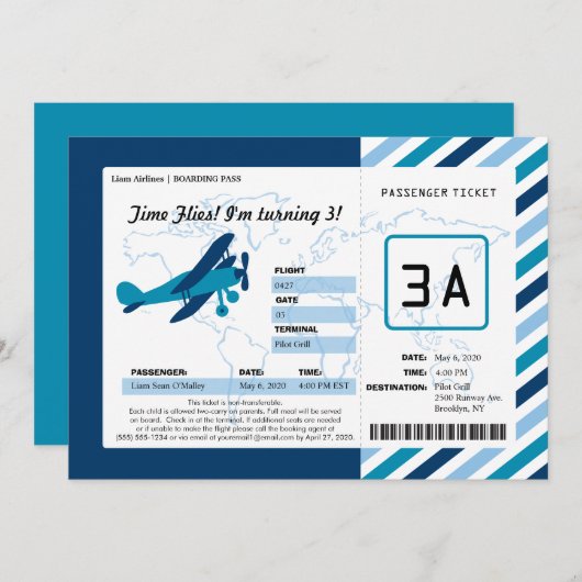 Plane Birthday Boarding Pass Ticket Kaart (Voorkant / Achterkant)