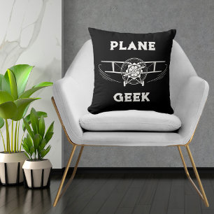 Plane Geek Typografie & Vliegtuig, Zwart, Eenvoudi Kussen