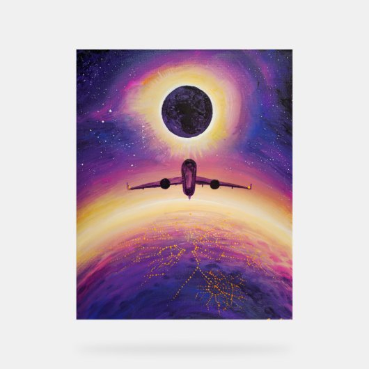 Plane in flight city and eclipse acryl bord (Voorkant)