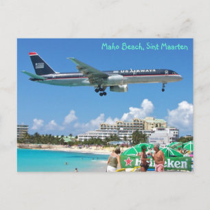 Plane landing over Maho Beach, Sint Maarten, SXM Briefkaart