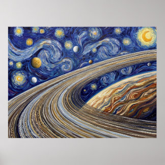 Planeet Saturnus Ringen Sterrennacht Landschap Poster