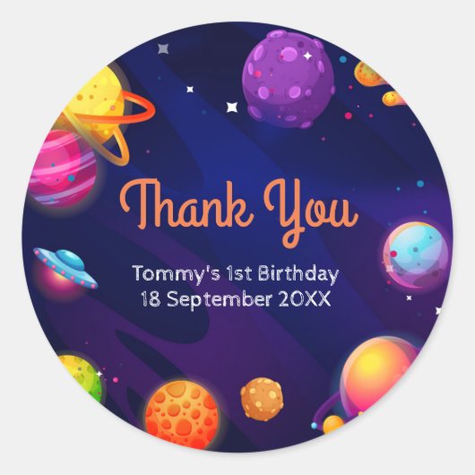 Planet solar space 1e verjaardag Dank u Sticker (Voorkant)