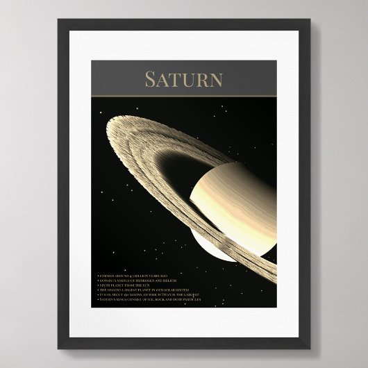 Planète Saturne avec anneaux et faits affiche noir