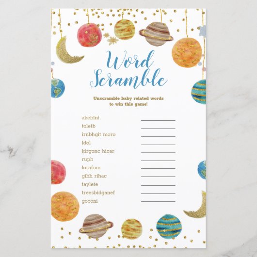 Planeten Buiten Baby shower Word-bromble (Voorkant)