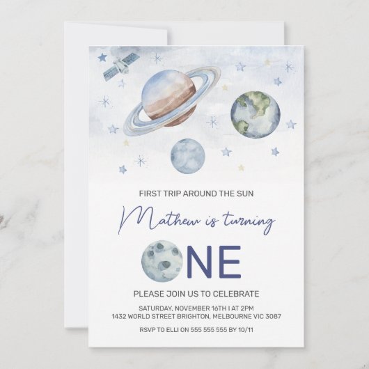 Planeten eerste reis rond de zon, 1e verjaardag kaart (Voorkant)