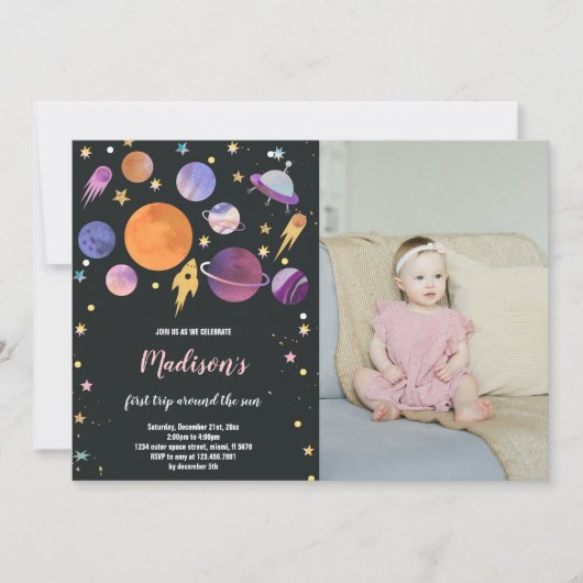 Planeten en raketschip verjaardagsuitnodiging kaart (Voorkant)