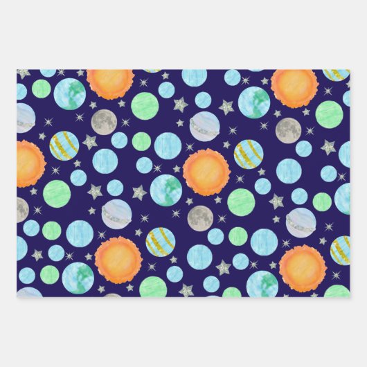 Planeten en zonnen blauw eerste reis verjaardag inpakpapier vel (Voorkant 3)