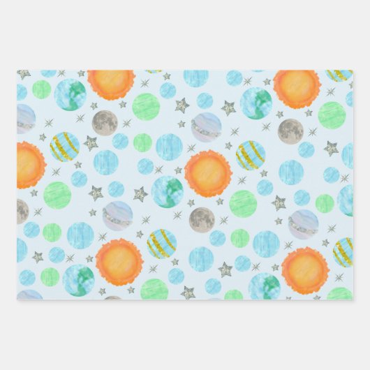 Planeten en zonnen blauw eerste reis verjaardag inpakpapier vel (Voorkant 2)