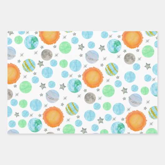 Planeten en zonnen blauw eerste reis verjaardag inpakpapier vel (Voorkant)