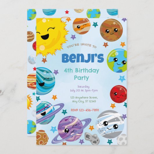 Planeten Verjaardagsfeestuitnodiging Feestdagenkaart (Voorkant / Achterkant)