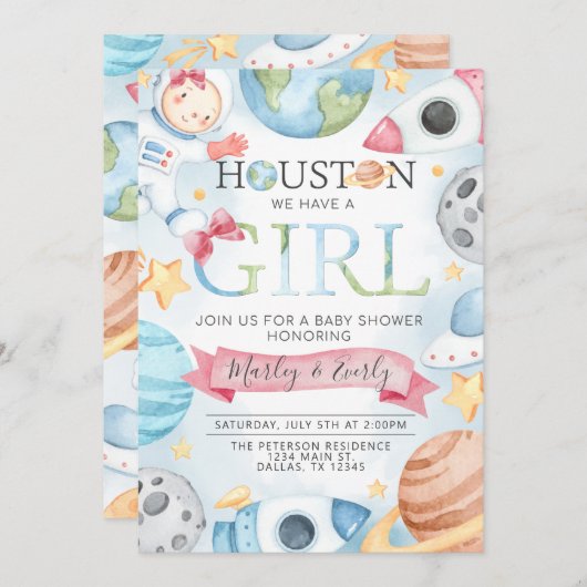 Planètes spatiales Invitation Baby shower fille ro (Devant / Derrière)