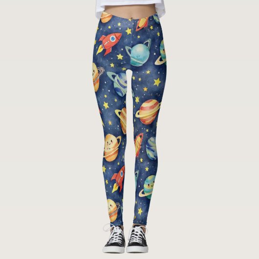 Planets Rocket Ships Sterren Galaxy Leggings (Voorkant)