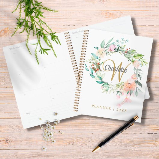 Planificateur 2023 Monogramme Script Floral Or Ros
