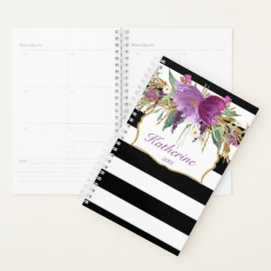 Planificateur de fleurs d'aquarelle violet et or