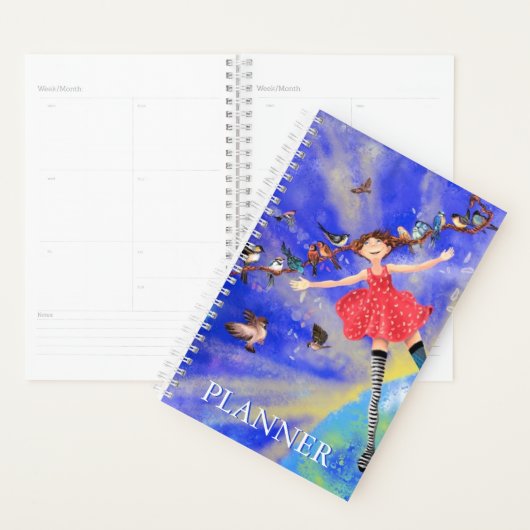 Planificateur Fille Heureuse avec Oiseaux (Devant avec enveloppe)