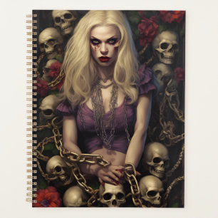 Planificateur gothique de blonde zombie avec crâne