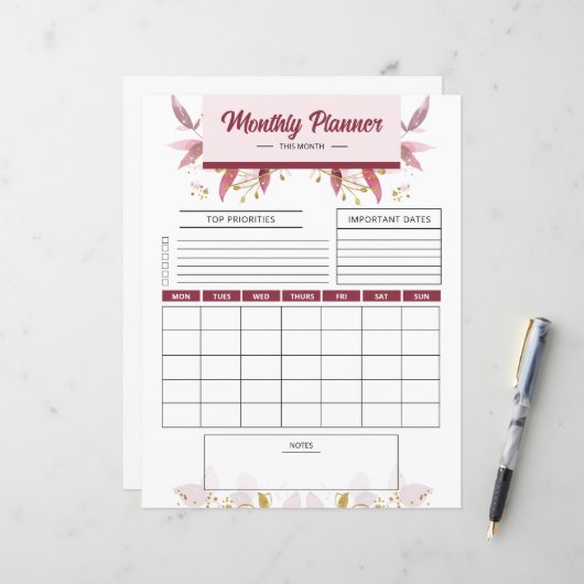 Planificateur mensuel modèle imprimable (Devant/Arrière en situation)