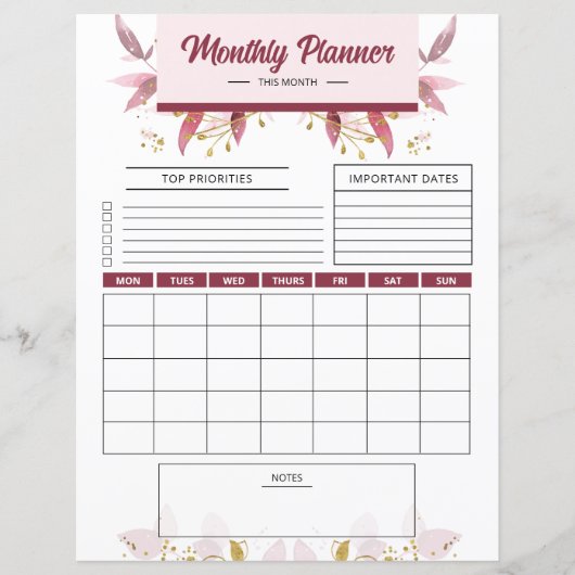 Planificateur mensuel modèle imprimable (Devant)