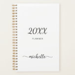 Planificateur minimaliste simple blanc monogrammé<br><div class="desc">Agenda personnalisé 2023 ou de n'importe quelle année, au design minimaliste féminin et élégant, avec monogramme et nom en écriture manuscrite personnalisée. Ce design présente votre prénom dans une belle typographie à queue en forme de signature (ou calligraphie) en noir sur fond blanc. Ceux-ci sont faciles à personnaliser. Cadeau féminin...</div>