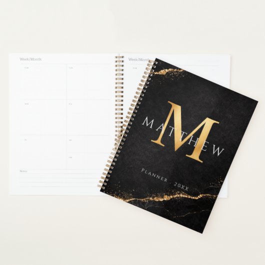 Planificateur noir doré à monogramme personnalisé (Devant avec enveloppe)