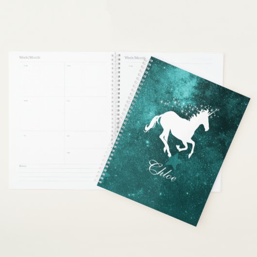 Planificateur personnalisé Unicorne turquoise (Devant avec enveloppe)
