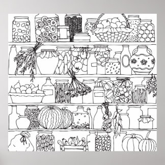  planken met blikjes: schets. poster