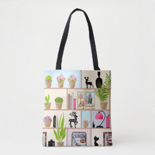 Planken met bloemen, boeken en decoraties draagtas