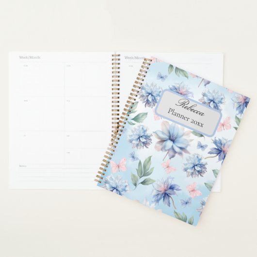 Planner de fleurs bleues et papillons roses (Devant avec enveloppe)
