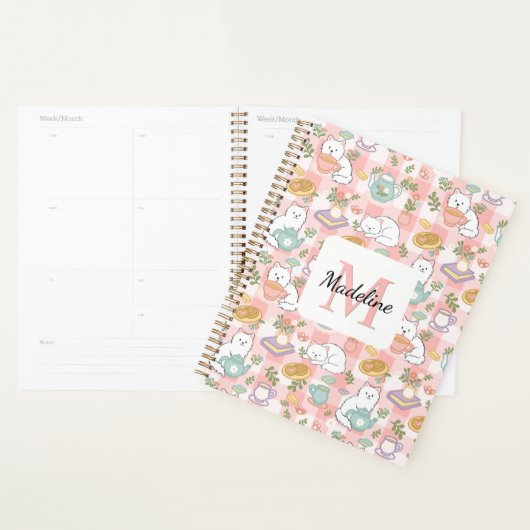 Planner Monogram Tea & Bookish Cats Pink (Devant avec enveloppe)