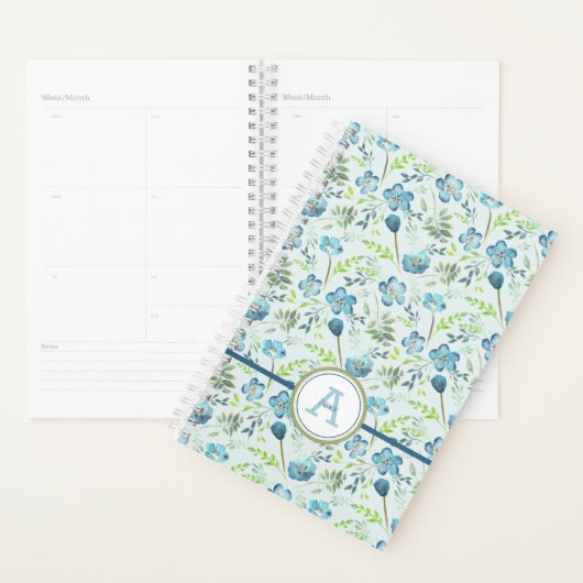 Planner Monogrammé bleu vert Floral (Devant avec enveloppe)