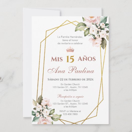 Plante rose Quinceañera Espagnol Invitation (Devant)