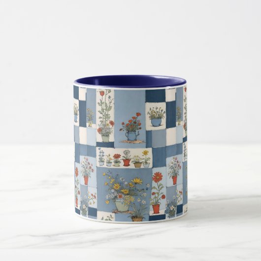 Planten en Retro Blue Jean Denim Patchwork Bloemen Mok (Midden)