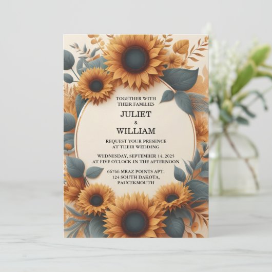 Planten rustieke tuin groen zonnebloem bruiloft kaart (Staand voorkant)